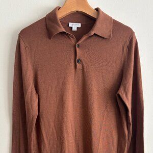 $375 Sunspel Brown Merino Wool Knit Long Sleeve Polo Shirt - Small